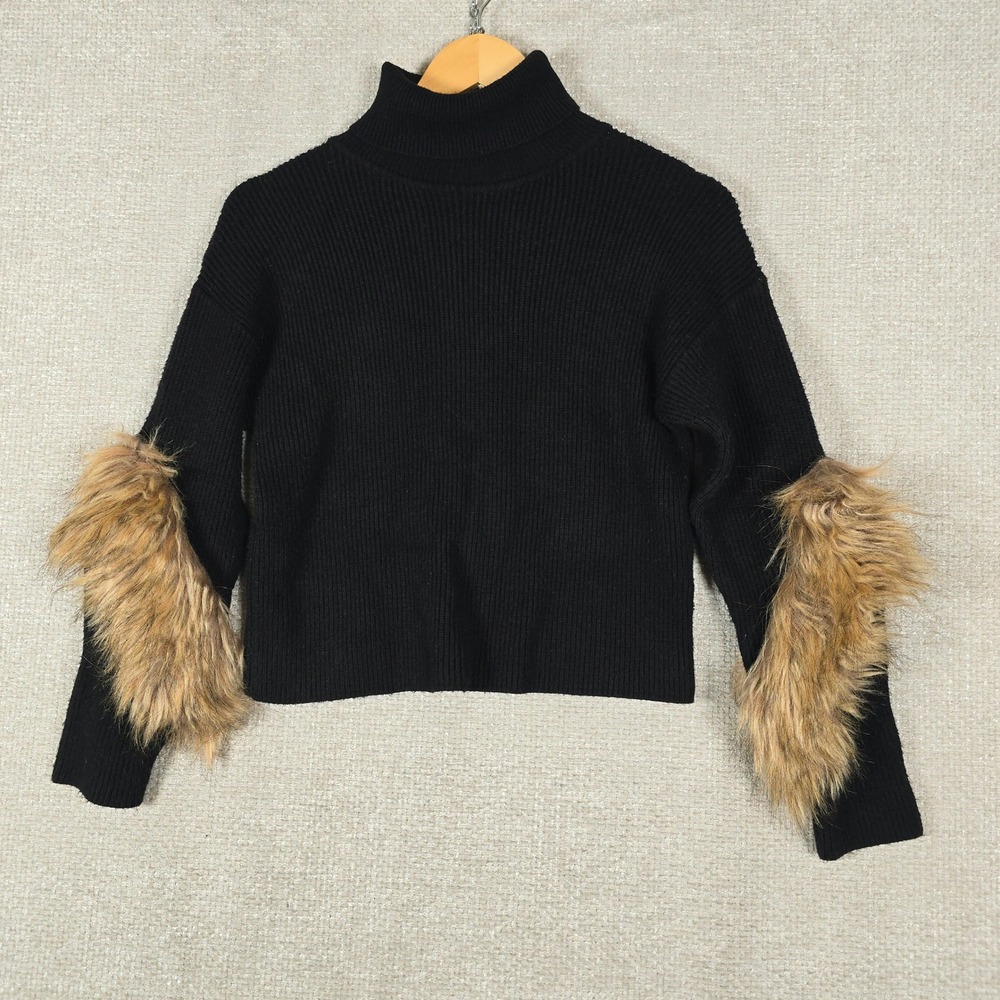 Calligraphie Womens Black Turtleneck Sweater Faux Fur Sleeve Ribbed Crop Medium